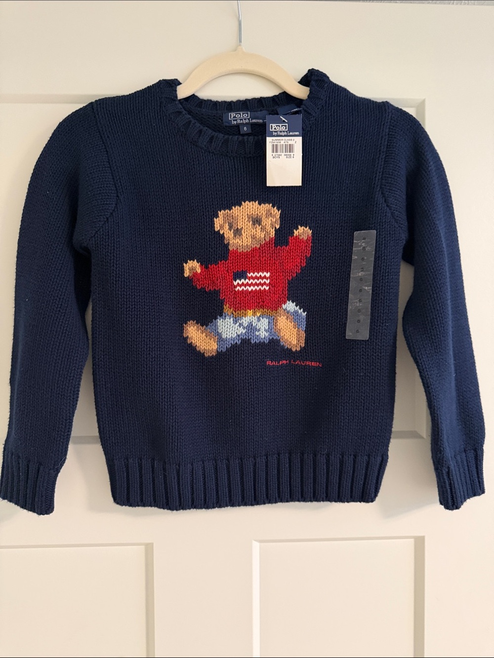 Vintage Ralph Lauren Navy Sweater with Red Polo Bear and flag nwt